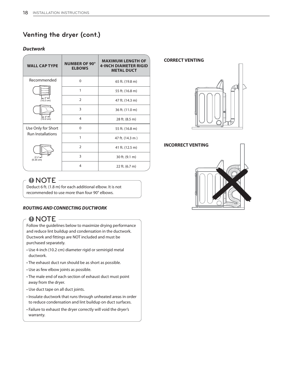 Venting the dryer (cont.), Ductwork | LG DLGX6002V User Manual | Page 18 / 108