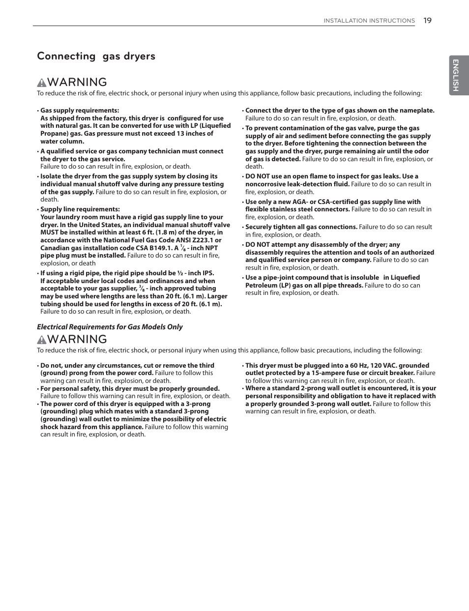Warning, Connecting gas dryers | LG DLGX6002V User Manual | Page 19 / 108