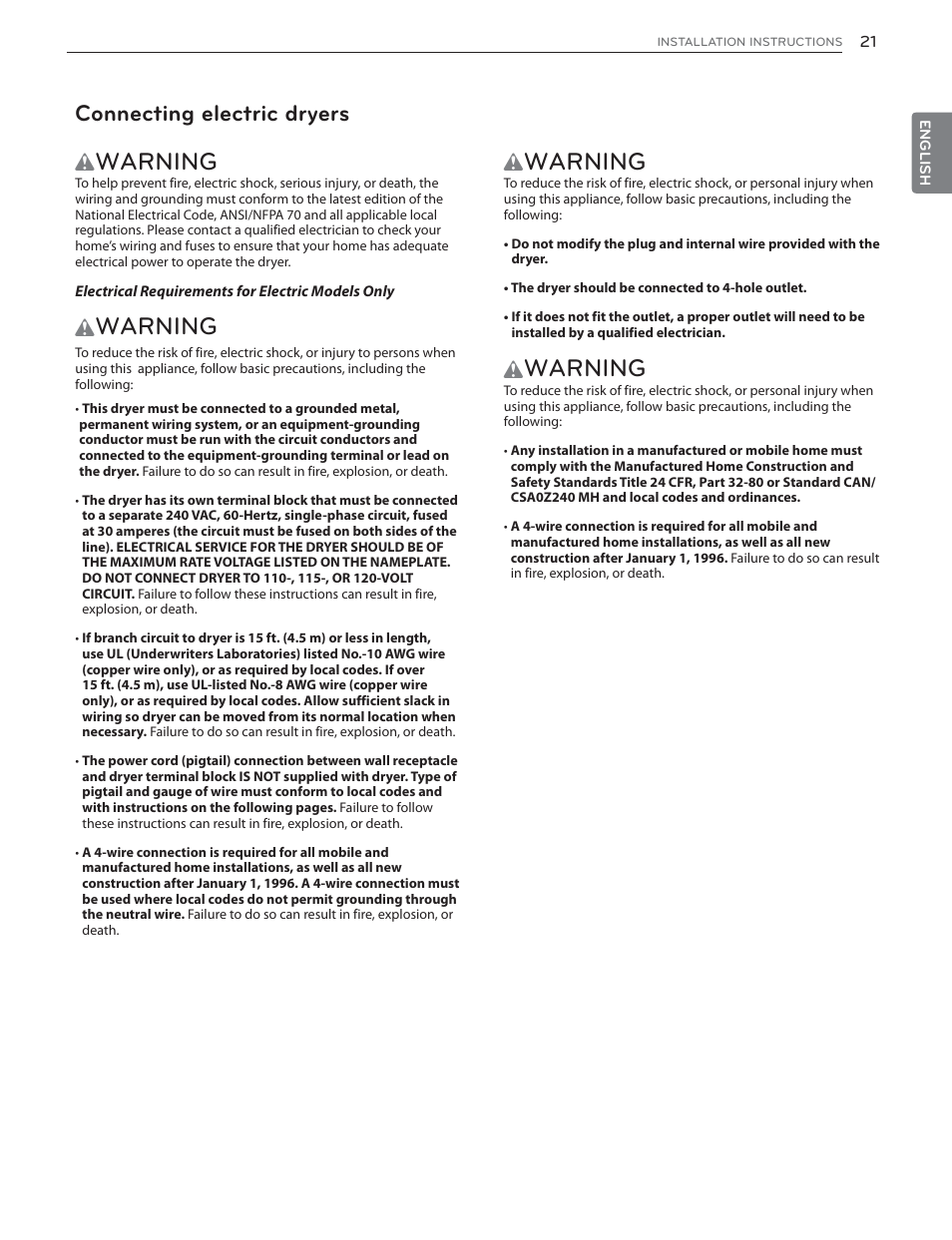 Warning, Connecting electric dryers | LG DLGX6002V User Manual | Page 21 / 108