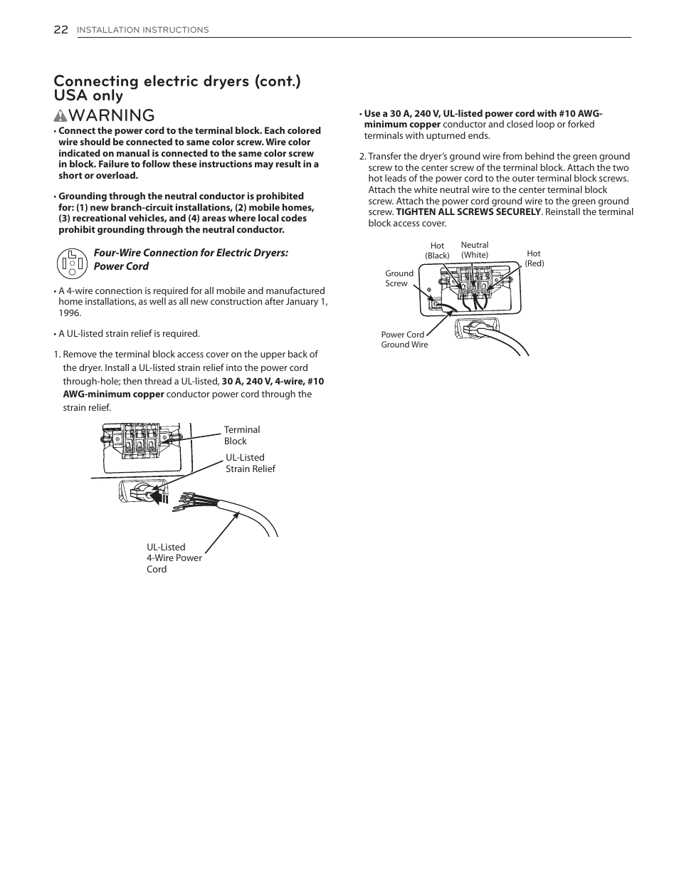 Warning, Connecting electric dryers (cont.) usa only | LG DLGX6002V User Manual | Page 22 / 108