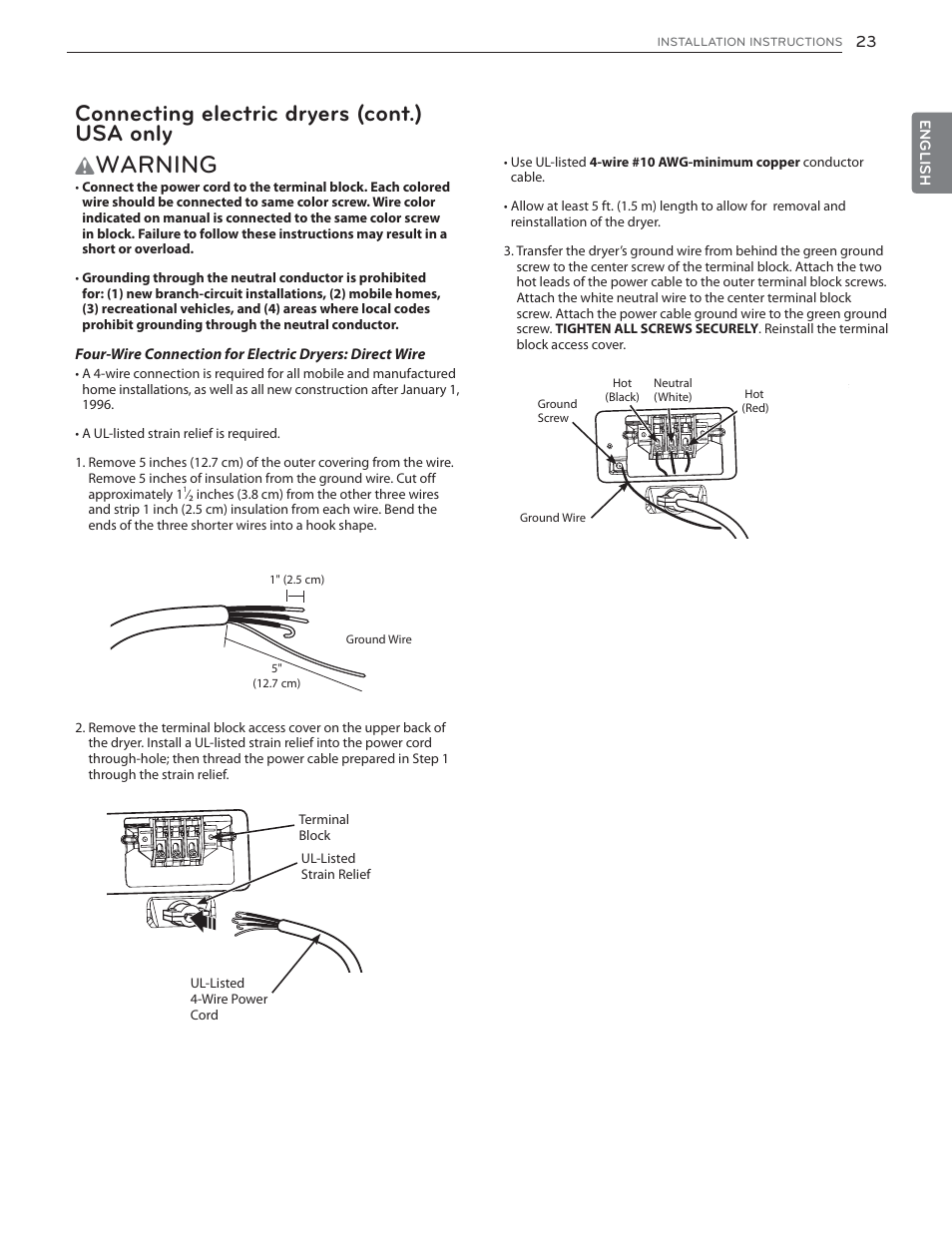 Warning, Connecting electric dryers (cont.) usa only | LG DLGX6002V User Manual | Page 23 / 108