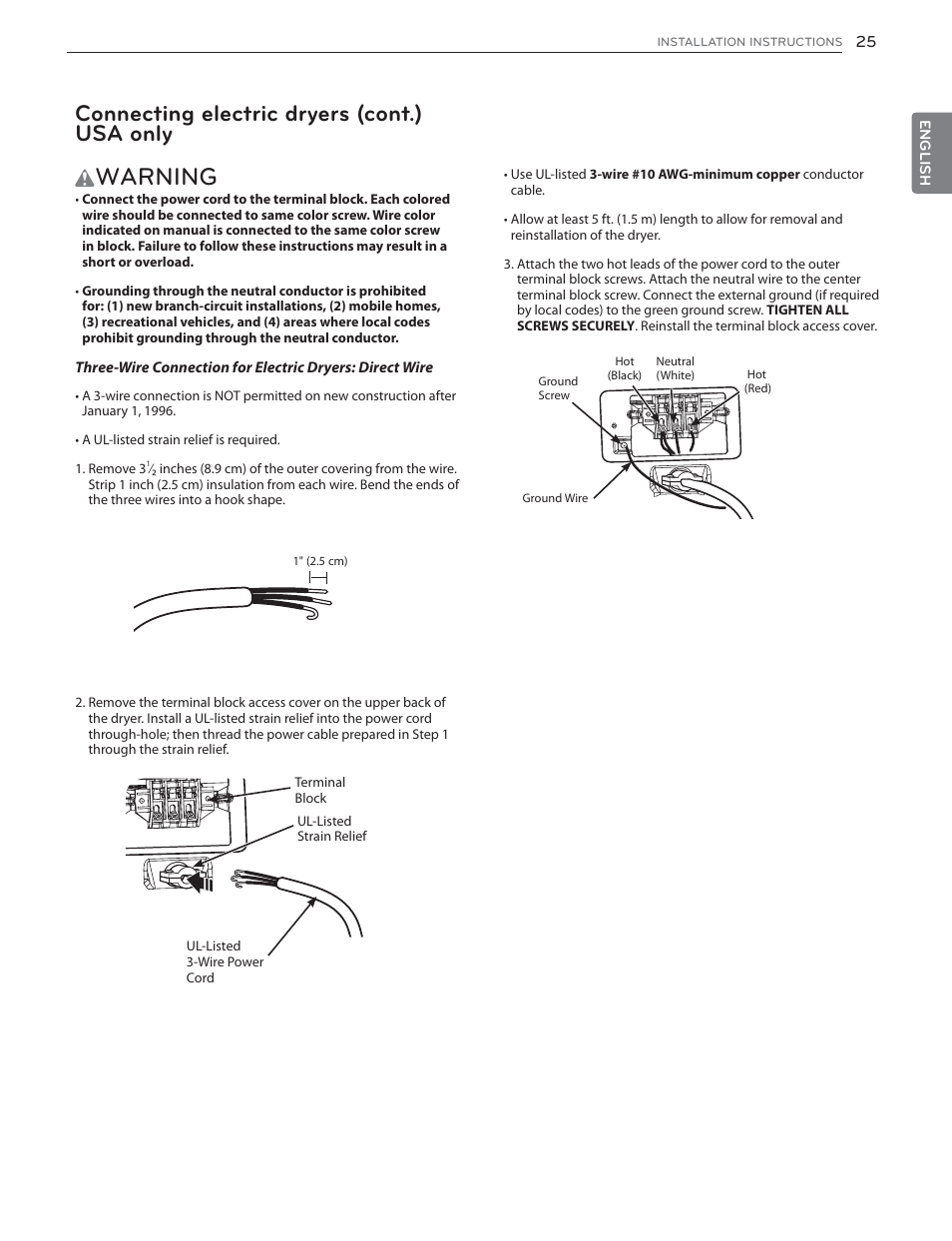 Warning, Connecting electric dryers (cont.) usa only | LG DLGX6002V User Manual | Page 25 / 108