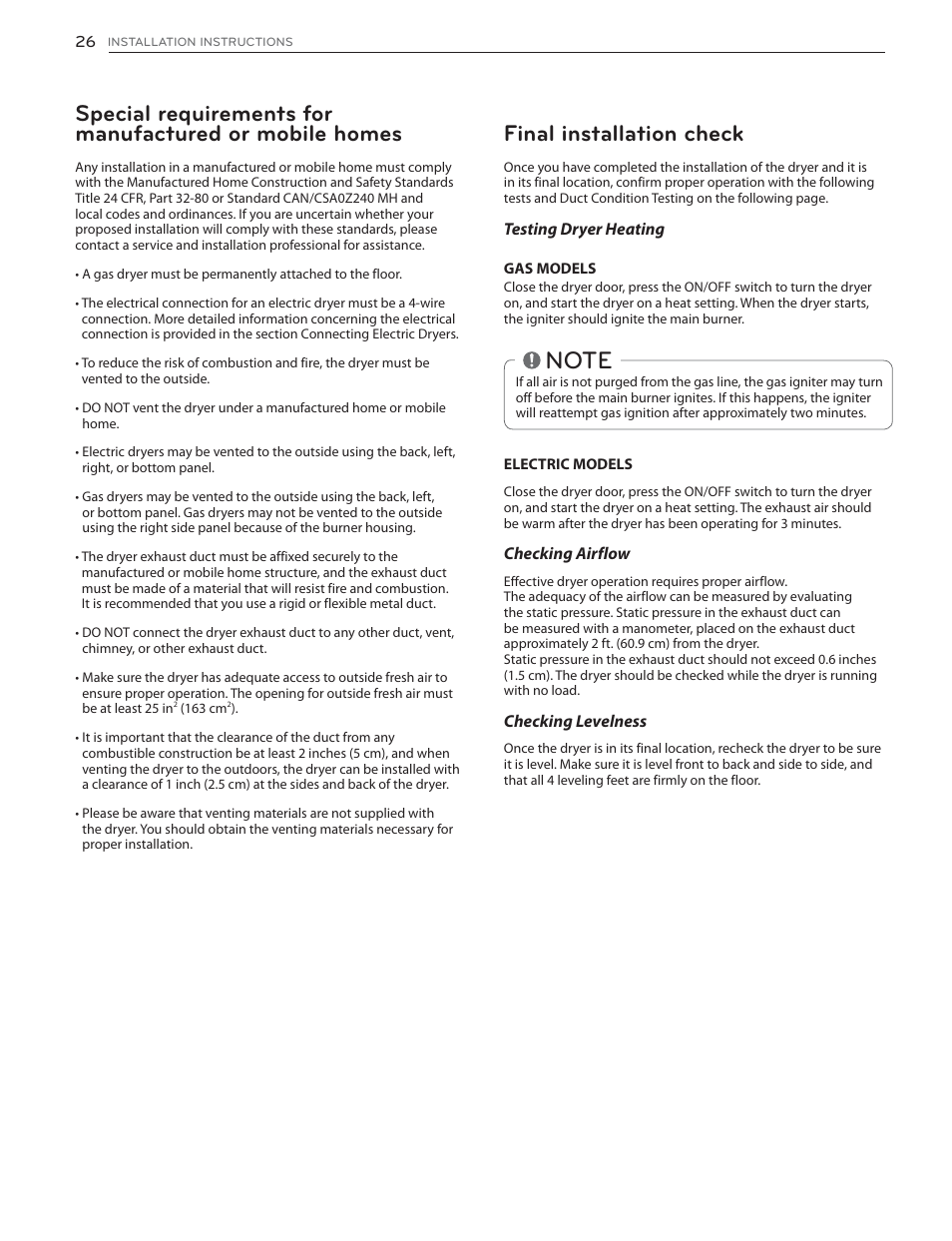 Final installation check | LG DLGX6002V User Manual | Page 26 / 108