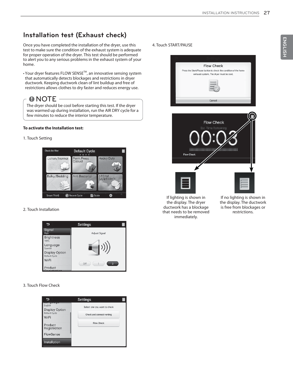 Installation test (exhaust check) | LG DLGX6002V User Manual | Page 27 / 108