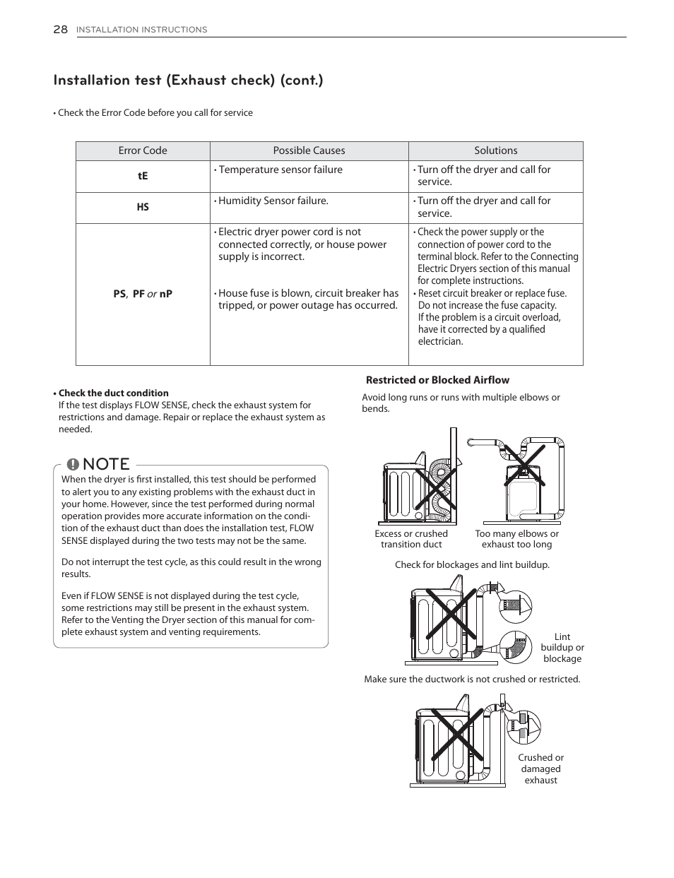 Installation test (exhaust check) (cont.) | LG DLGX6002V User Manual | Page 28 / 108