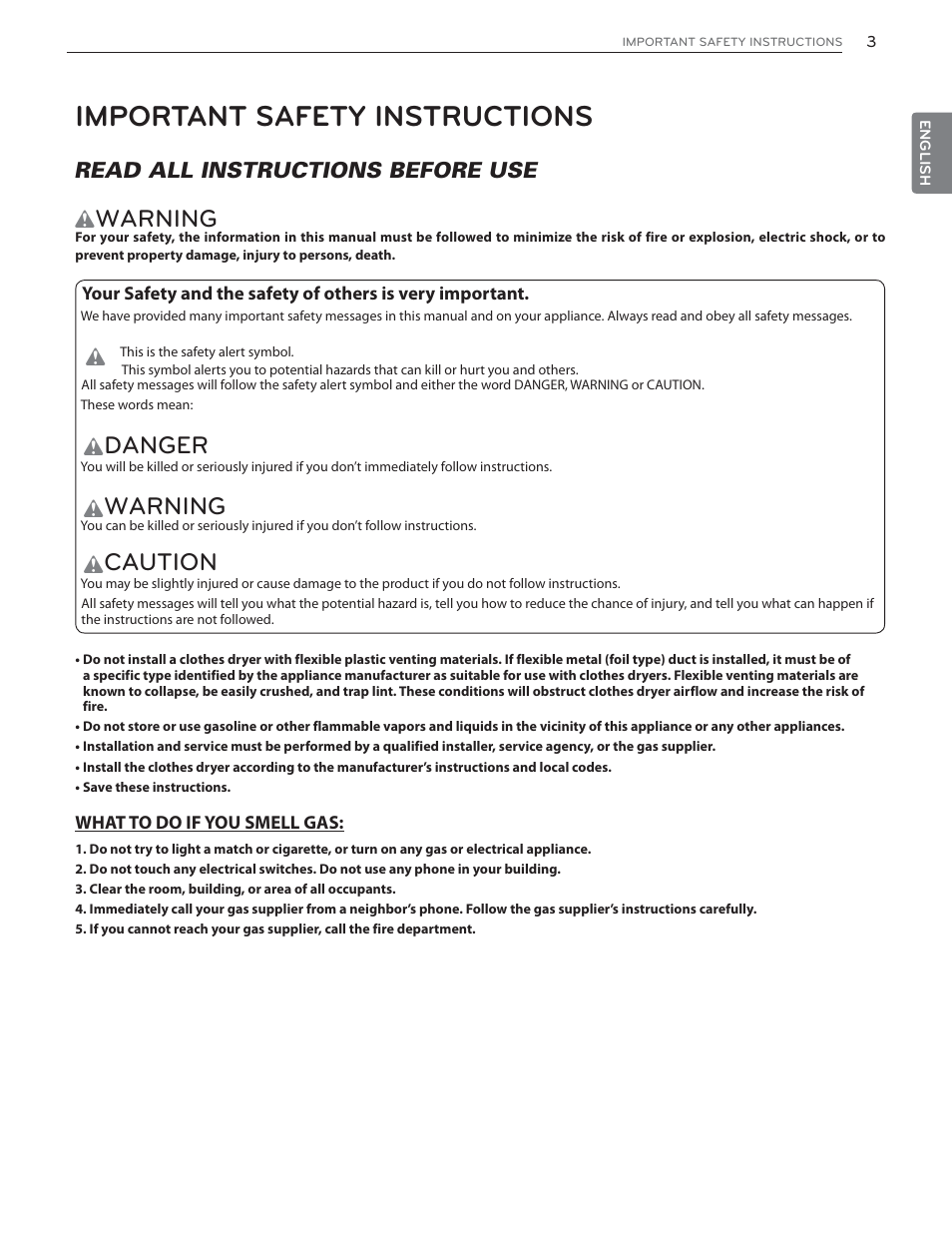 Important safety instructions, Warning, Danger | Caution | LG DLGX6002V User Manual | Page 3 / 108