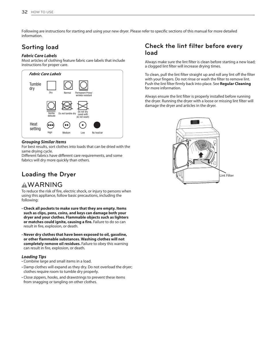 Warning, Check the lint filter before every load, Sorting load | Loading the dryer | LG DLGX6002V User Manual | Page 32 / 108