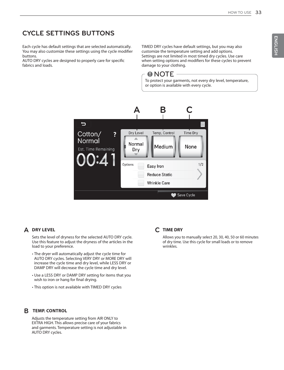 Ab c, Cycle settings buttons | LG DLGX6002V User Manual | Page 33 / 108
