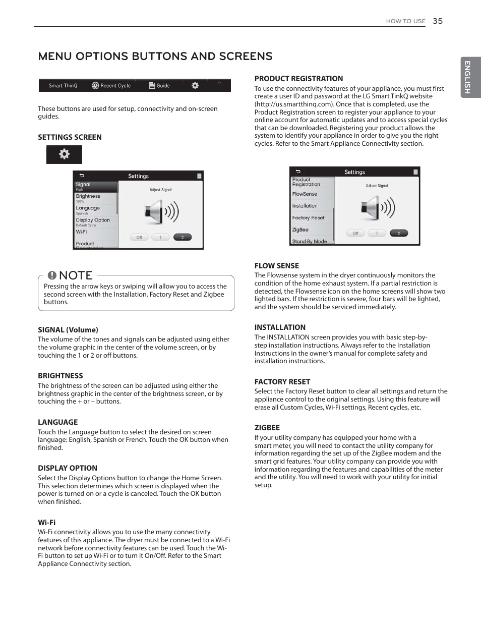 Menu options buttons and screens | LG DLGX6002V User Manual | Page 35 / 108