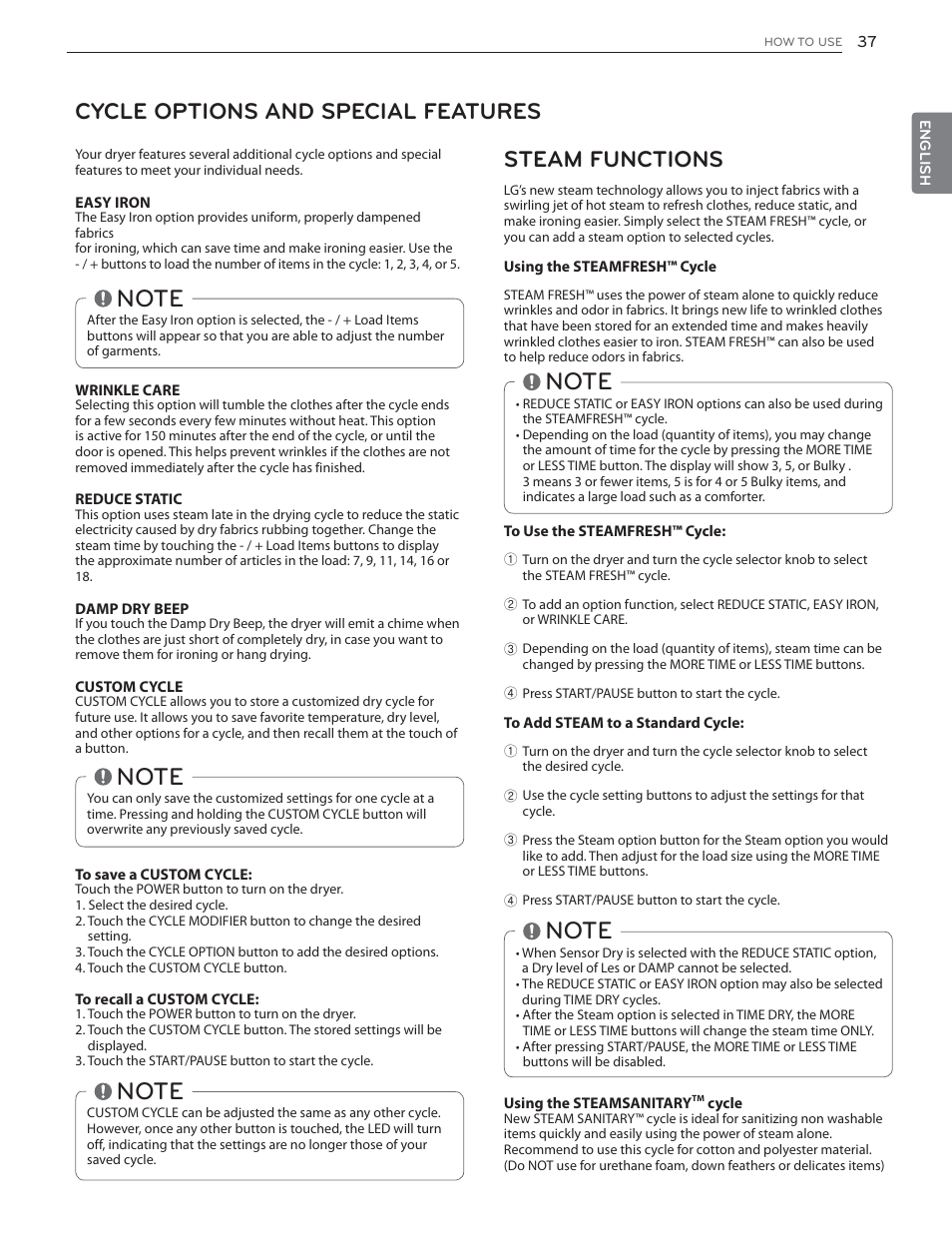 Steam functions, Cycle options and special features | LG DLGX6002V User Manual | Page 37 / 108