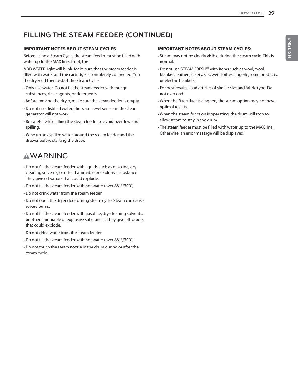 Warning, Filling the steam feeder (continued) | LG DLGX6002V User Manual | Page 39 / 108