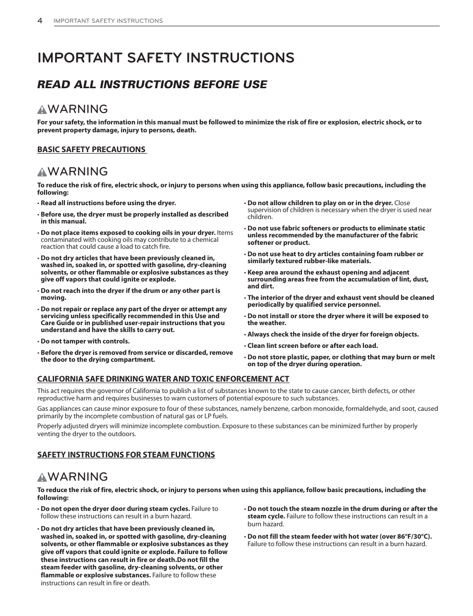 Important safety instructions, Warning, Read all instructions before use | LG DLGX6002V User Manual | Page 4 / 108