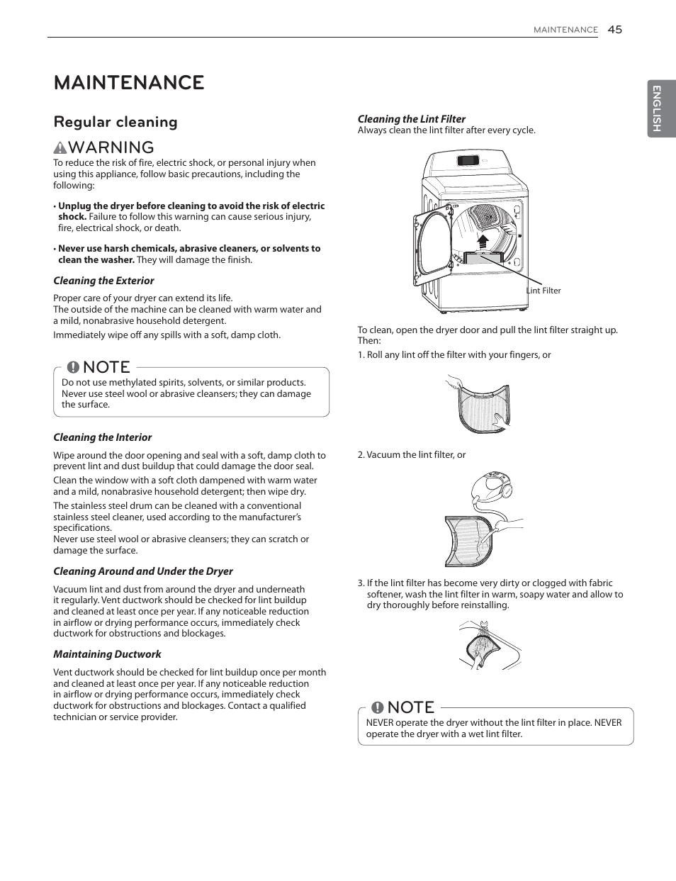 Maintenance, Warning, Regular cleaning | LG DLGX6002V User Manual | Page 45 / 108