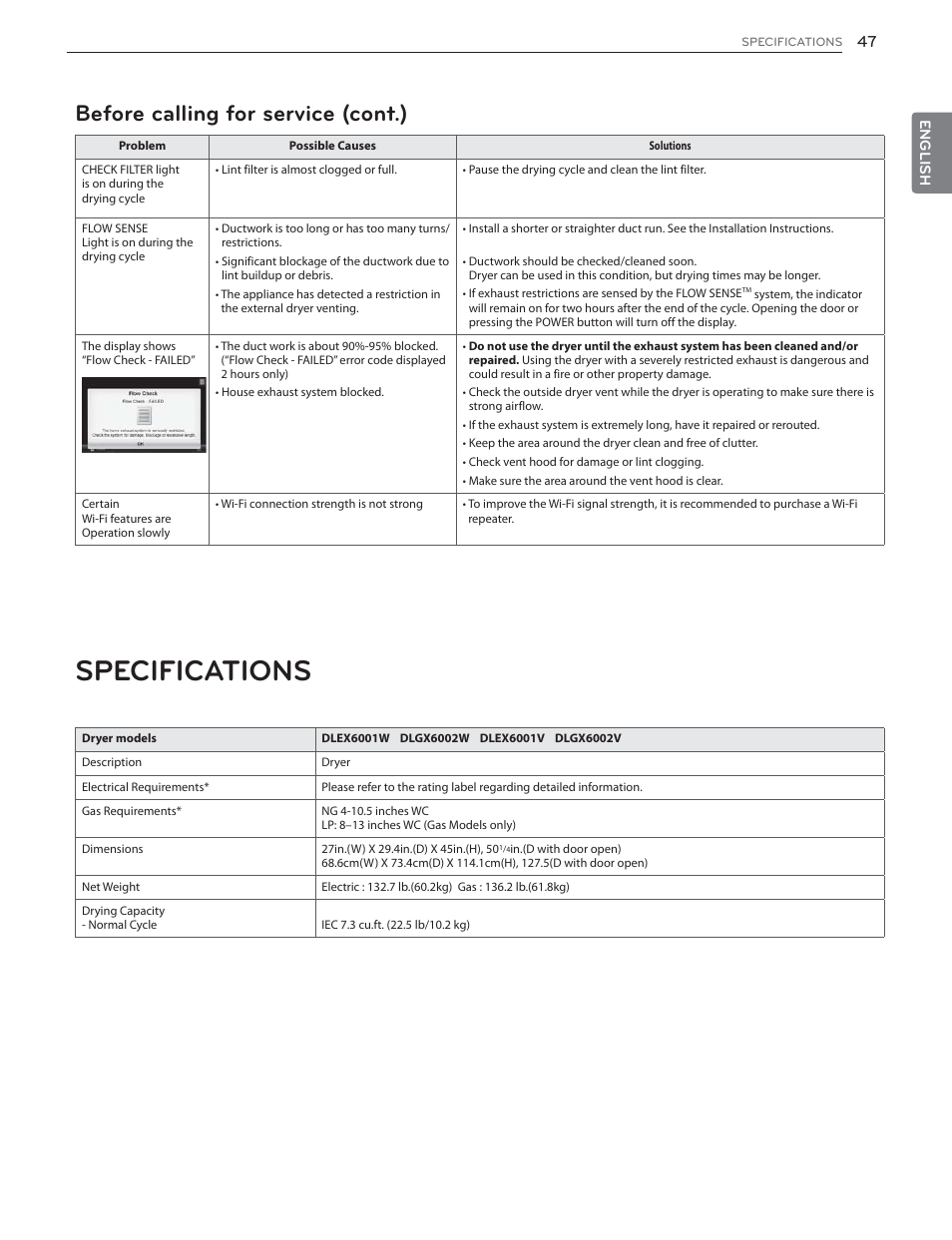Specifications, Before calling for service (cont.) | LG DLGX6002V User Manual | Page 47 / 108