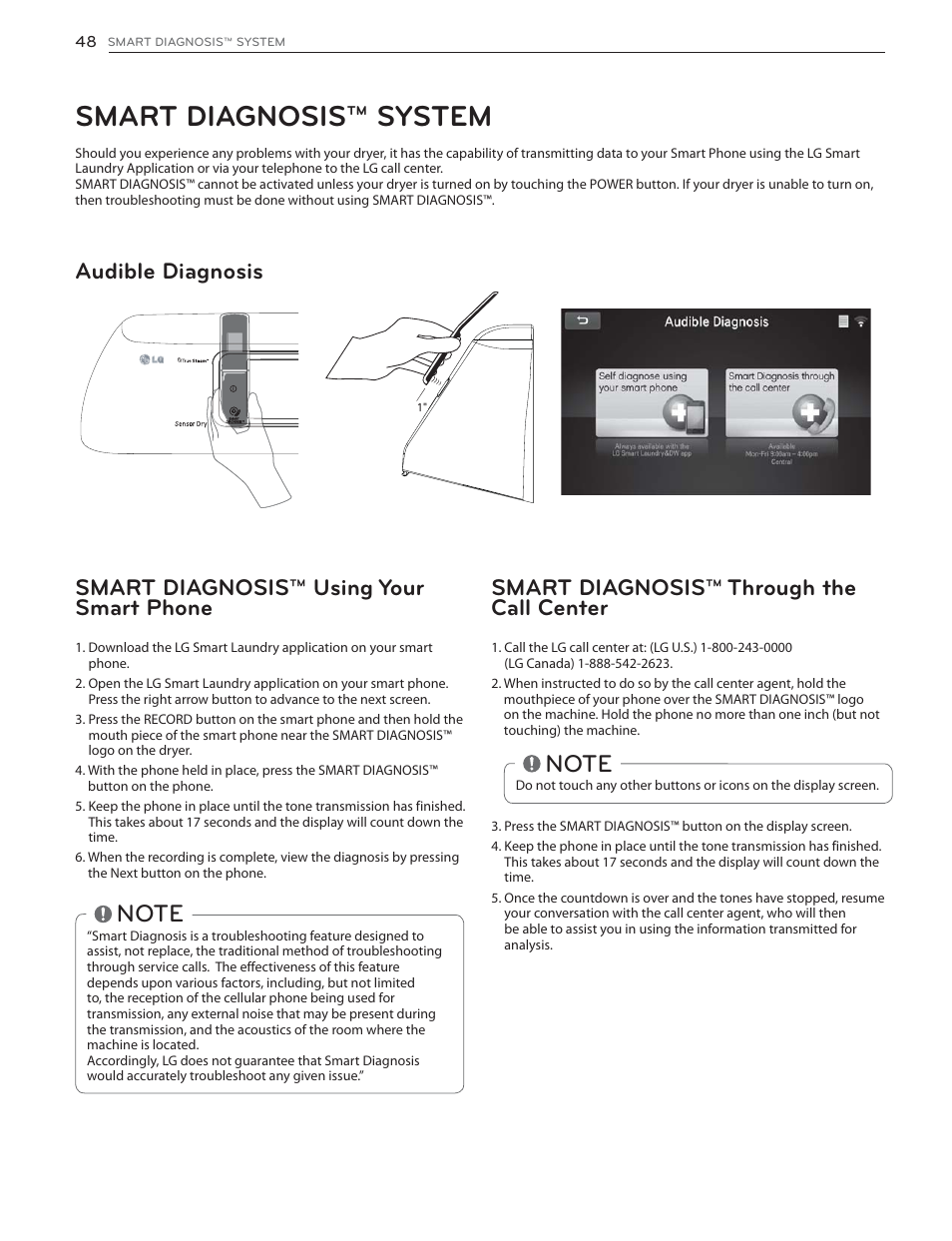 Smart diagnosis™ system, Audible diagnosis, Smart diagnosis™ using your smart phone | Smart diagnosis™ through the call center | LG DLGX6002V User Manual | Page 48 / 108