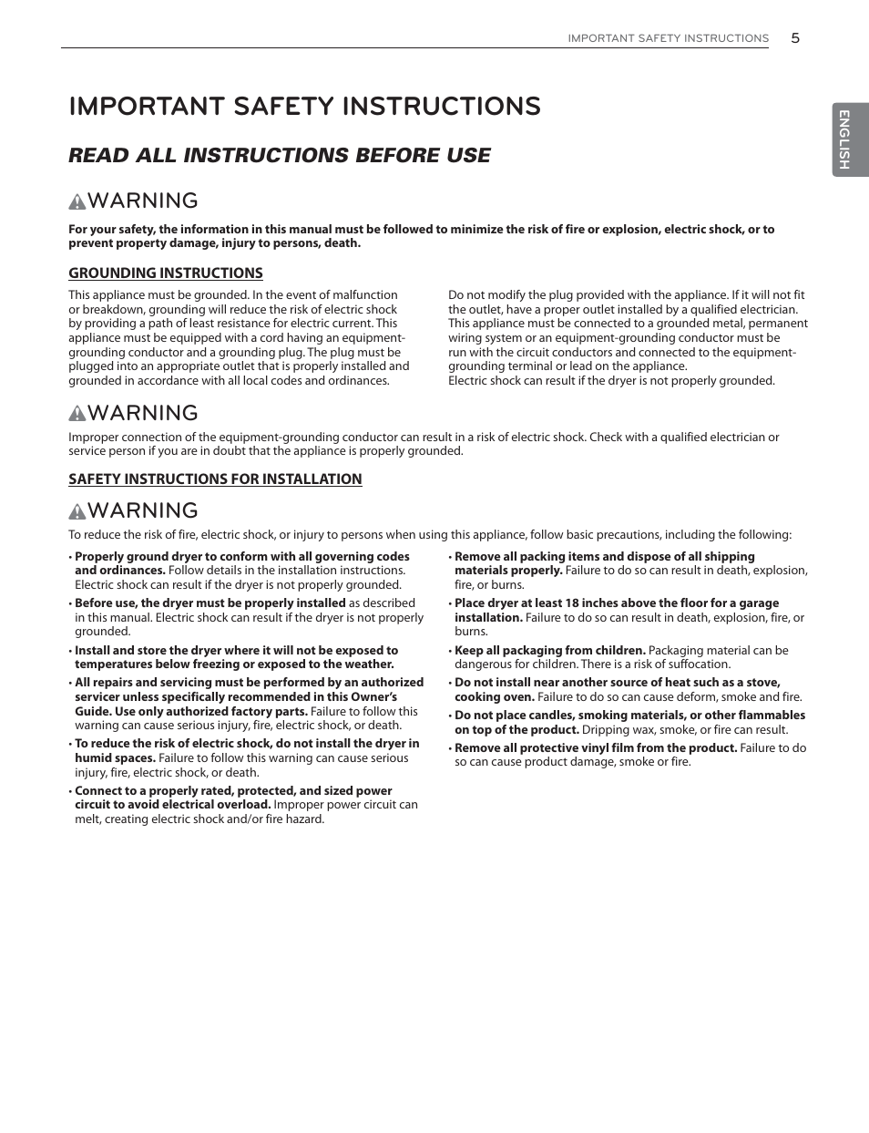 Important safety instructions, Warning, Read all instructions before use | LG DLGX6002V User Manual | Page 5 / 108