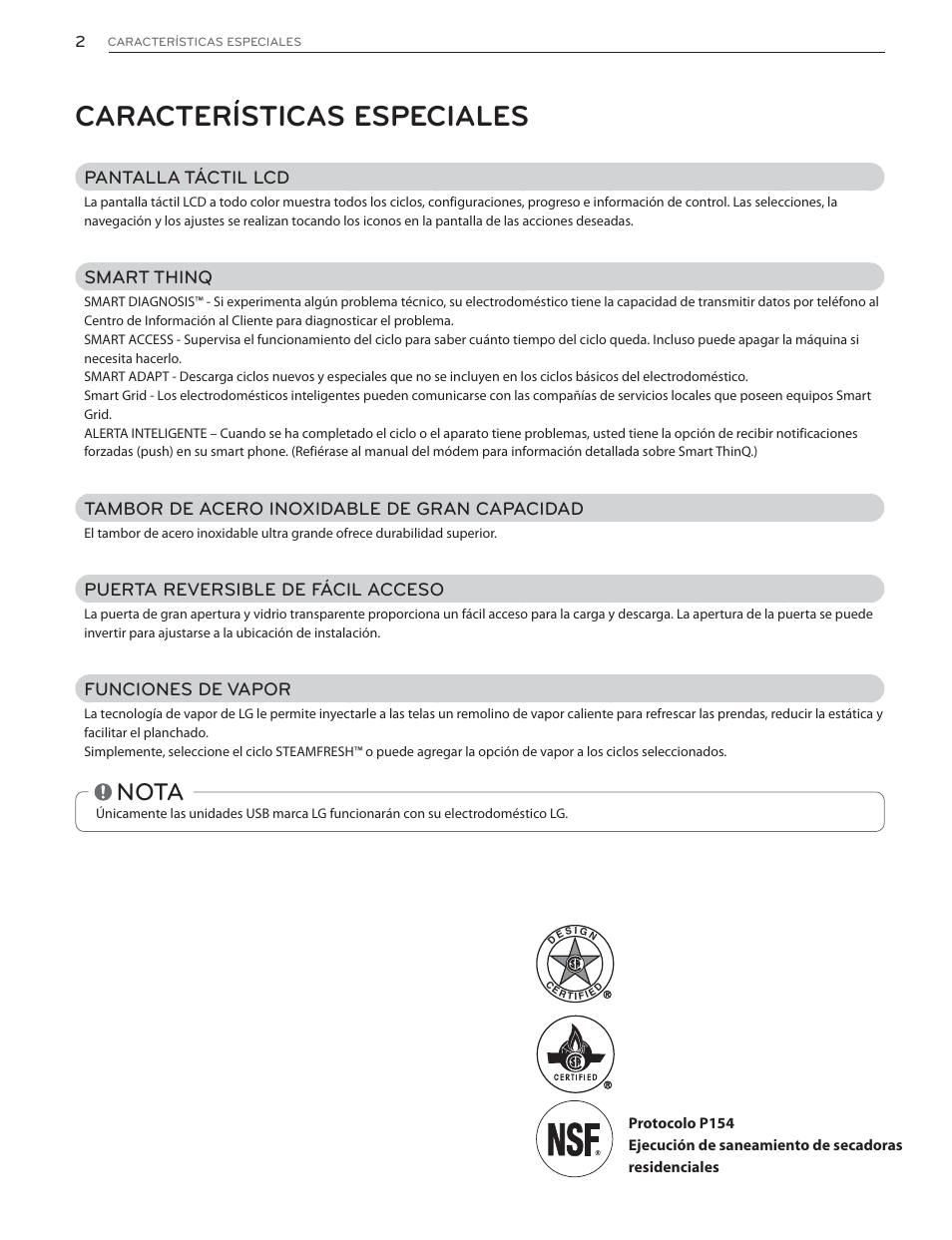 Características especiales, Nota, Pantalla táctil lcd | Smart thinq, Tambor de acero inoxidable de gran capacidad, Puerta reversible de fácil acceso, Funciones de vapor | LG DLGX6002V User Manual | Page 52 / 108