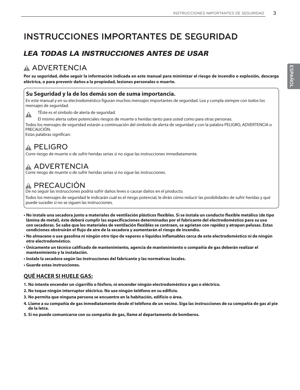 Instrucciones importantes de seguridad, Advertencia, Peligro | Precaución, Lea todas la instrucciones antes de usar | LG DLGX6002V User Manual | Page 53 / 108