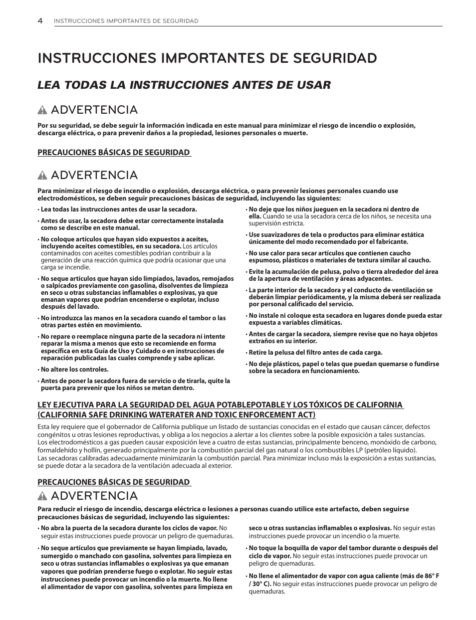 Instrucciones importantes de seguridad, Advertencia, Lea todas la instrucciones antes de usar | LG DLGX6002V User Manual | Page 54 / 108