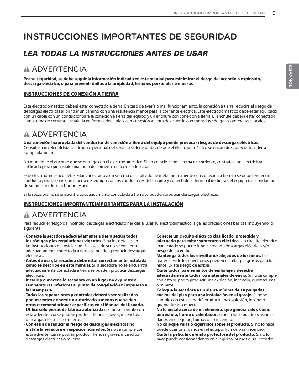 Instrucciones importantes de seguridad, Advertencia, Lea todas la instrucciones antes de usar | LG DLGX6002V User Manual | Page 55 / 108