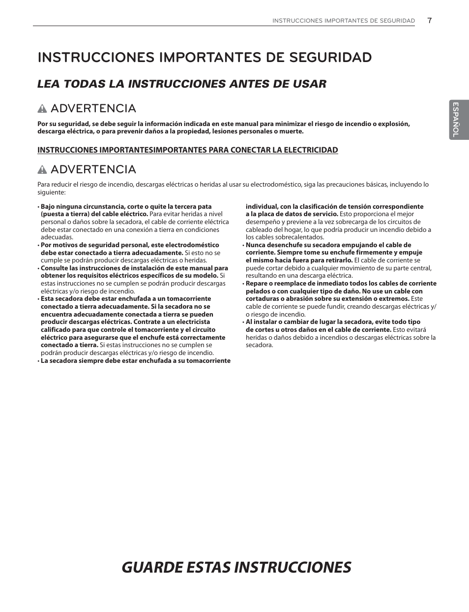 Instrucciones importantes de seguridad, Advertencia, Lea todas la instrucciones antes de usar | LG DLGX6002V User Manual | Page 57 / 108