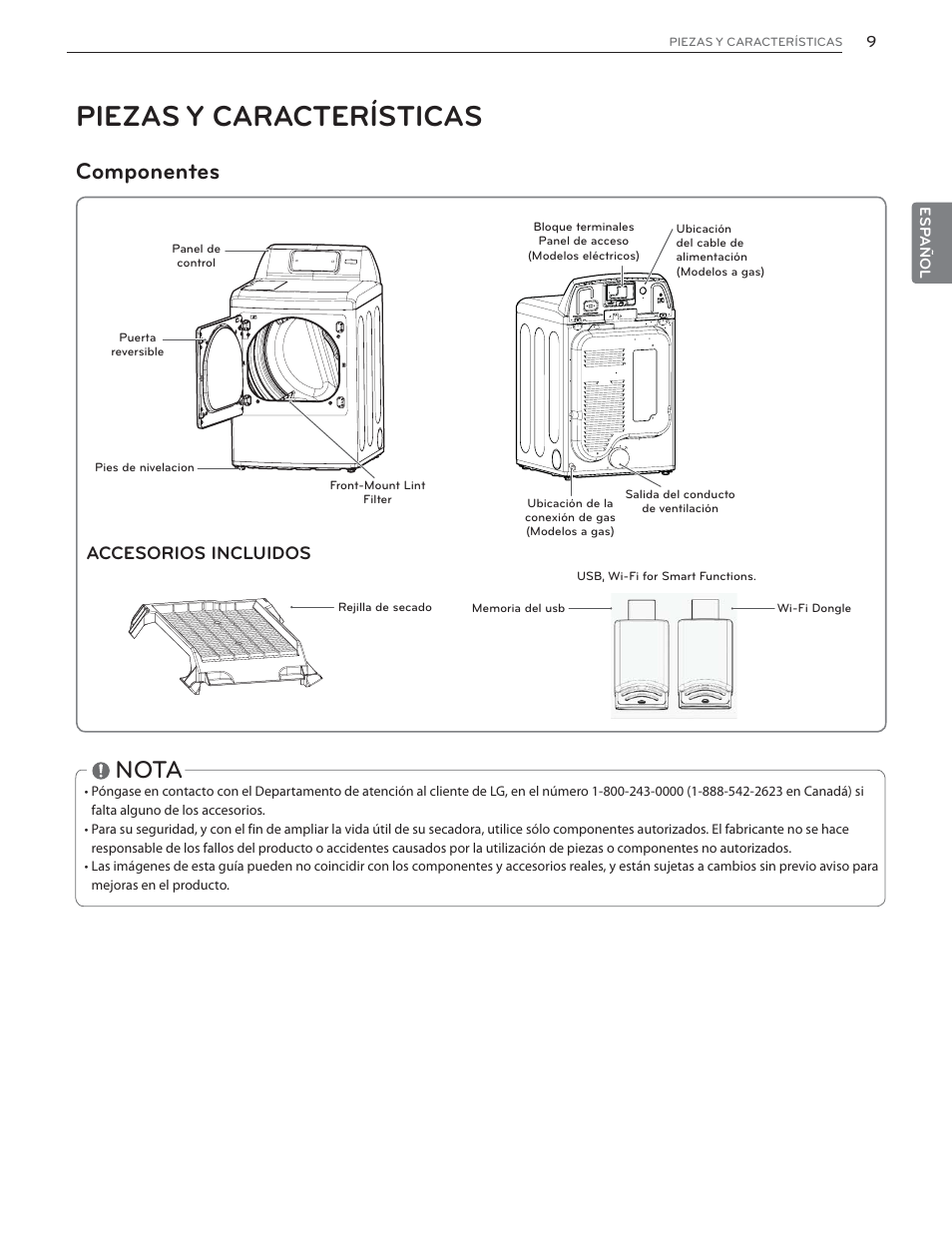 Piezas y características, Nota, Componentes | Accesorios incluidos | LG DLGX6002V User Manual | Page 59 / 108