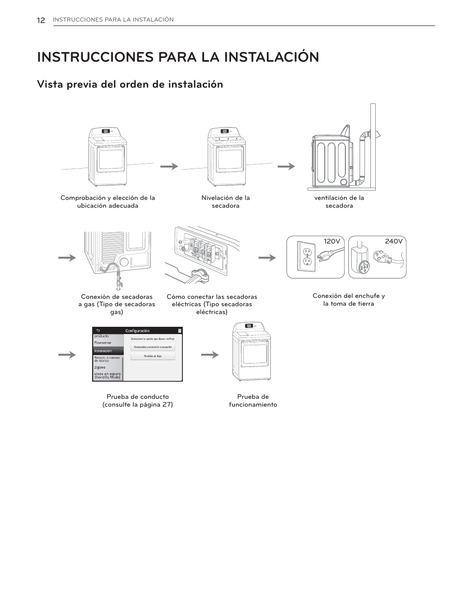 Instrucciones para la instalación, Vista previa del orden de instalación | LG DLGX6002V User Manual | Page 62 / 108