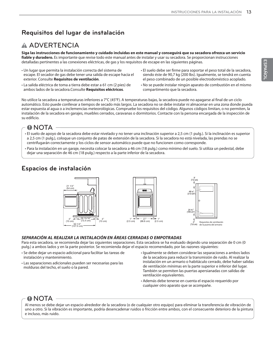 Advertencia, Nota, Requisitos del lugar de instalación | Espacios de instalación | LG DLGX6002V User Manual | Page 63 / 108