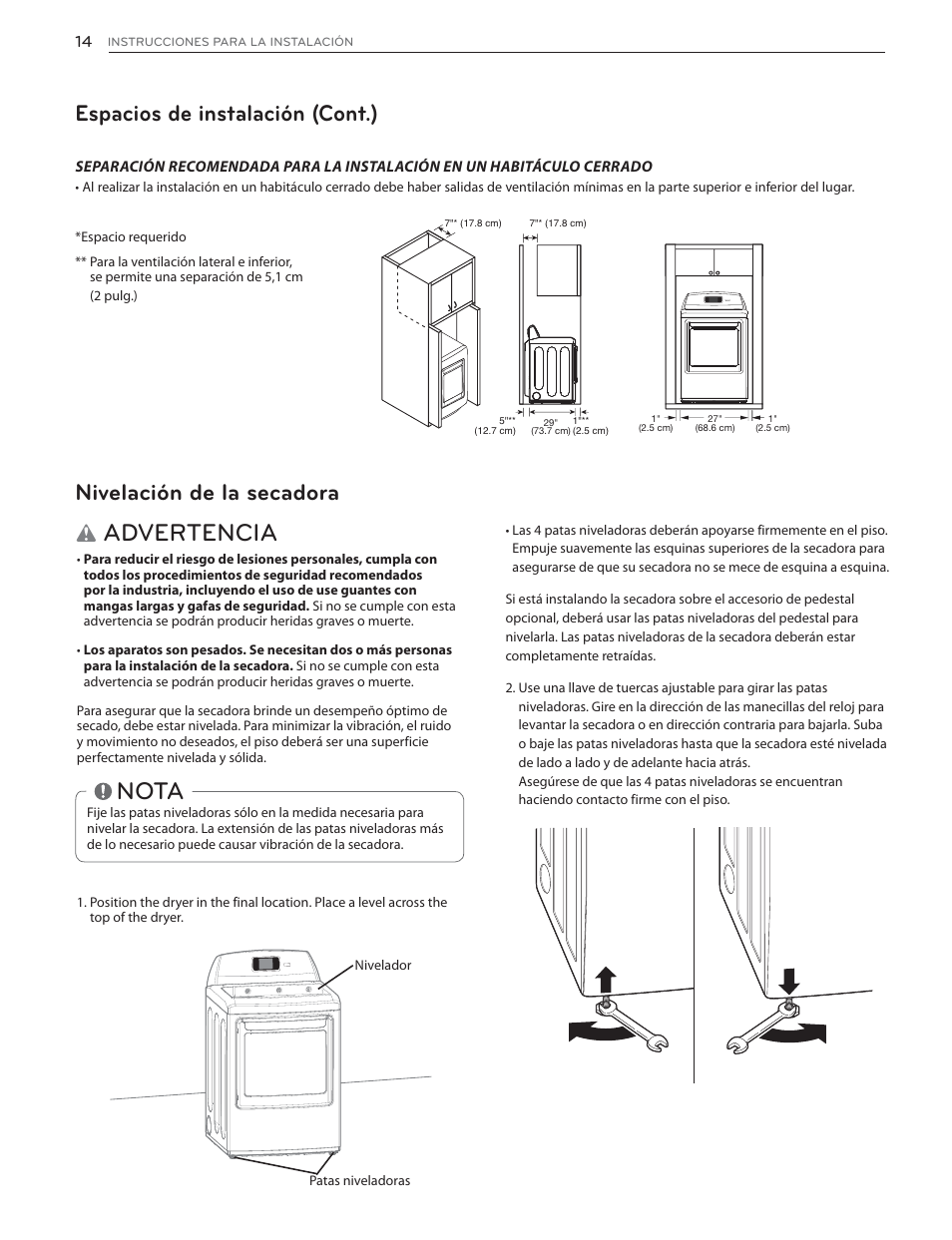 Advertencia, Nota, Espacios de instalación (cont.) | Nivelación de la secadora | LG DLGX6002V User Manual | Page 64 / 108