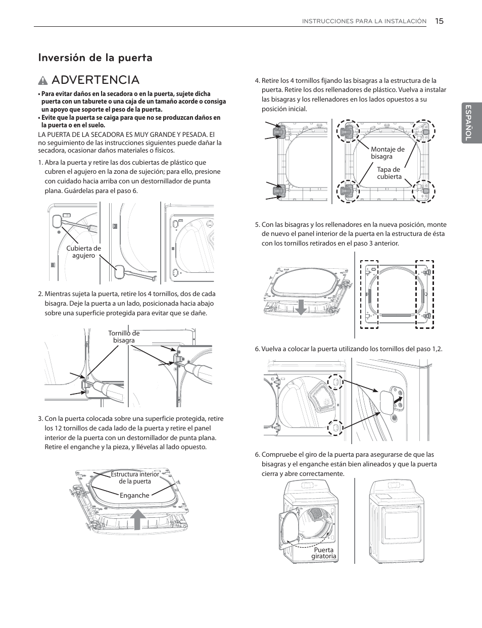 Advertencia, Inversión de la puerta | LG DLGX6002V User Manual | Page 65 / 108