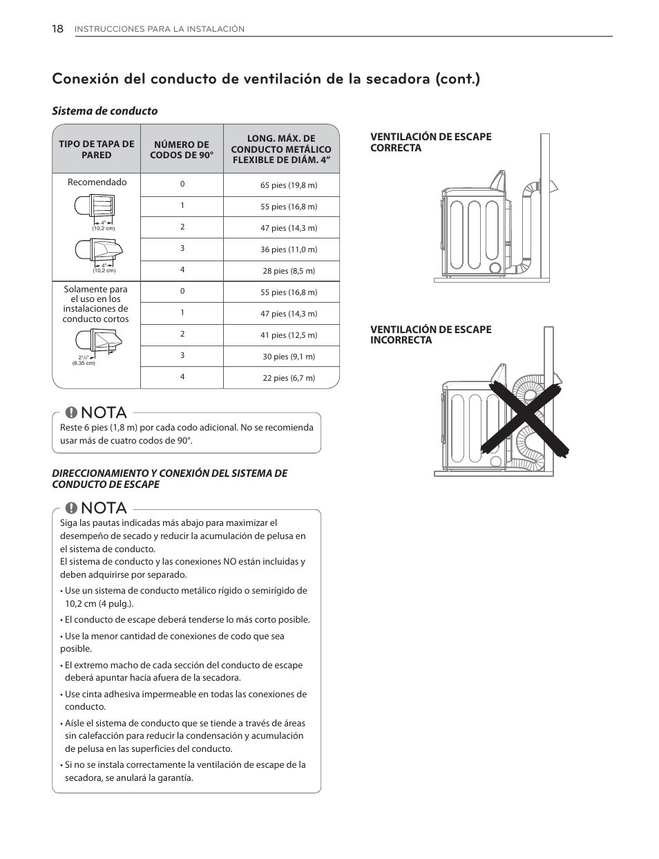 Nota, Sistema de conducto | LG DLGX6002V User Manual | Page 68 / 108