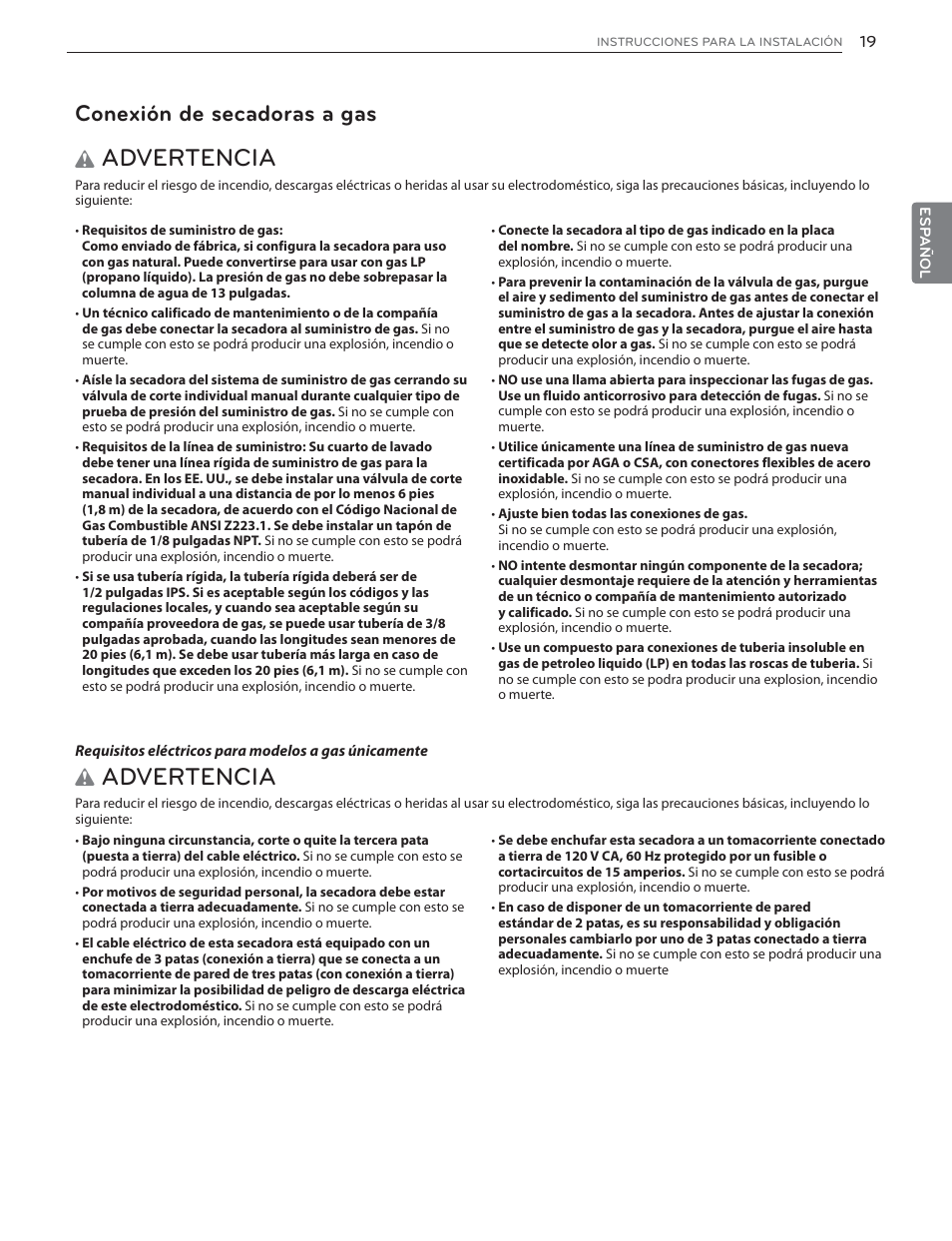 Advertencia, Conexión de secadoras a gas | LG DLGX6002V User Manual | Page 69 / 108