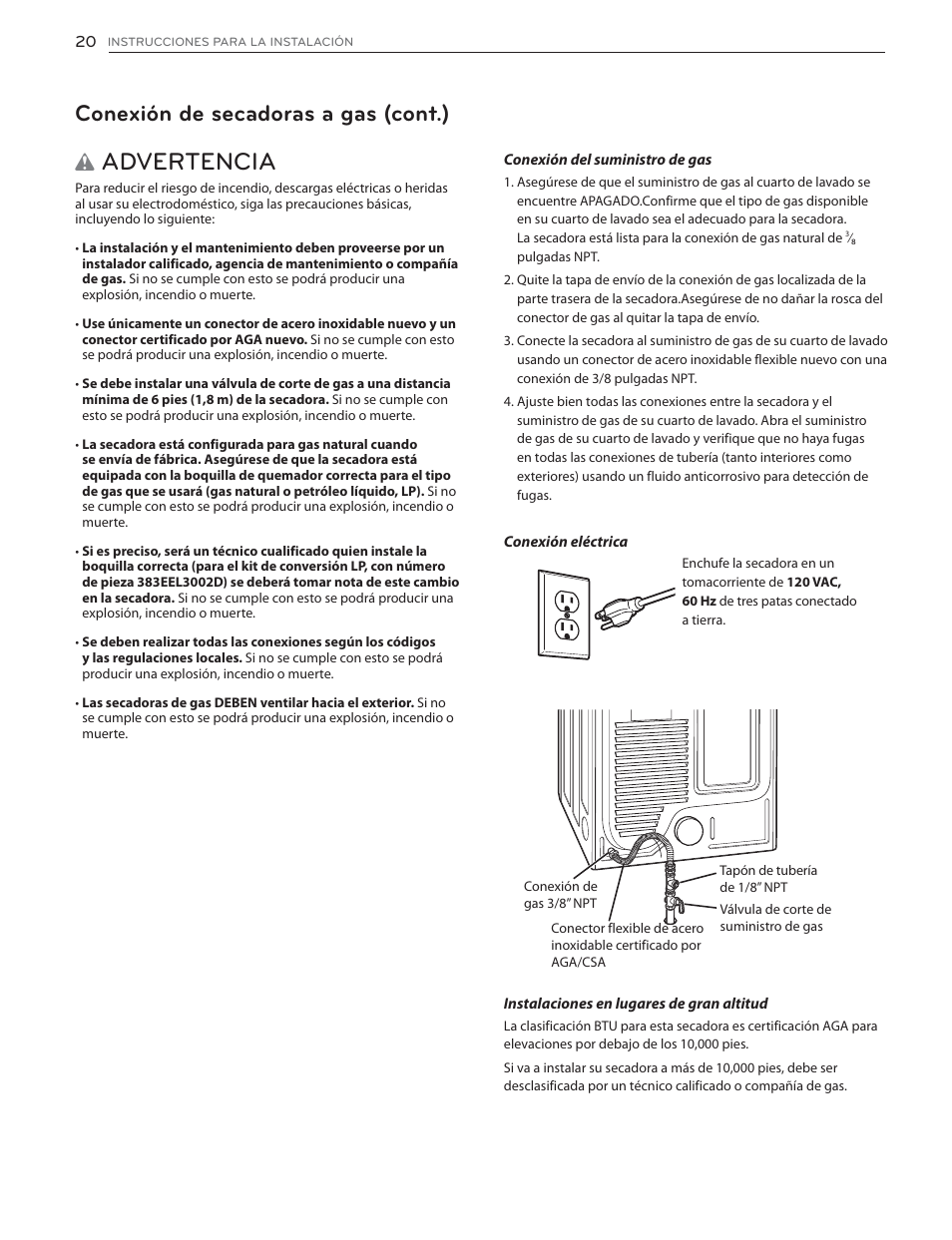 Advertencia, Conexión de secadoras a gas (cont.) | LG DLGX6002V User Manual | Page 70 / 108