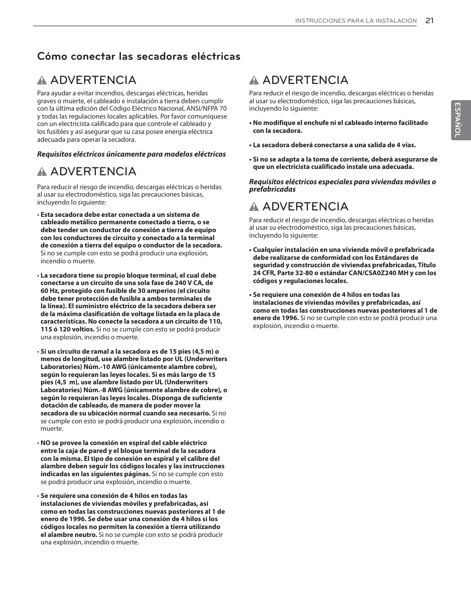 Advertencia, Cómo conectar las secadoras eléctricas | LG DLGX6002V User Manual | Page 71 / 108