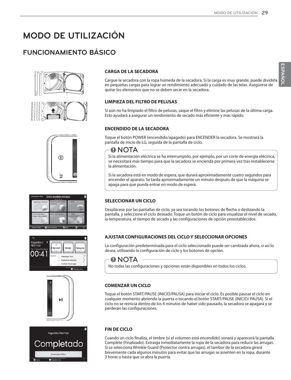 Modo de utilización, Nota, Funcionamiento básico | LG DLGX6002V User Manual | Page 79 / 108