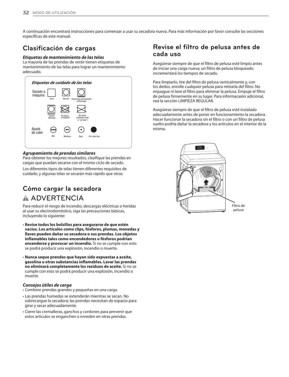 Advertencia, Revise el filtro de pelusa antes de cada uso, Clasificación de cargas | Cómo cargar la secadora | LG DLGX6002V User Manual | Page 82 / 108