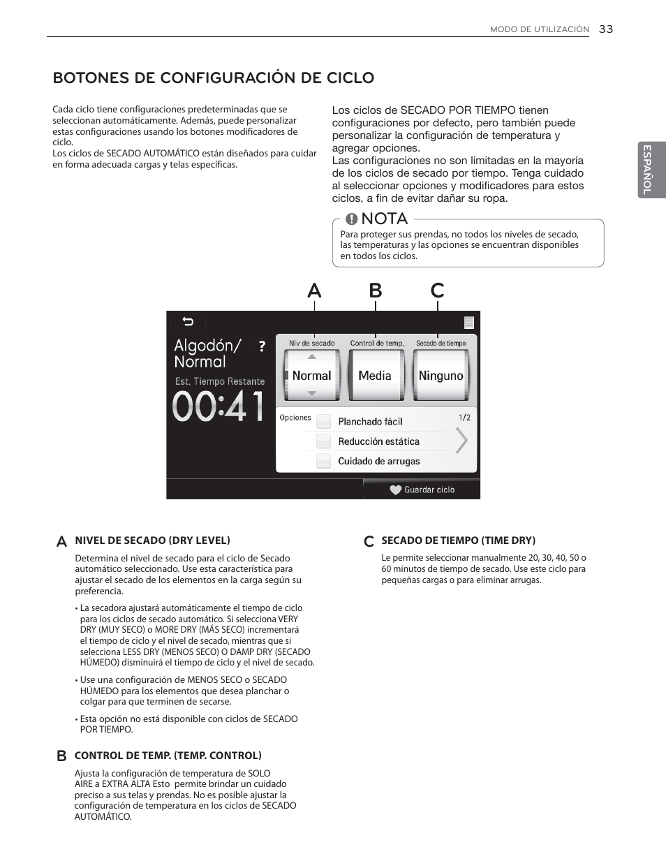 Ab c, Nota, Botones de configuración de ciclo | LG DLGX6002V User Manual | Page 83 / 108