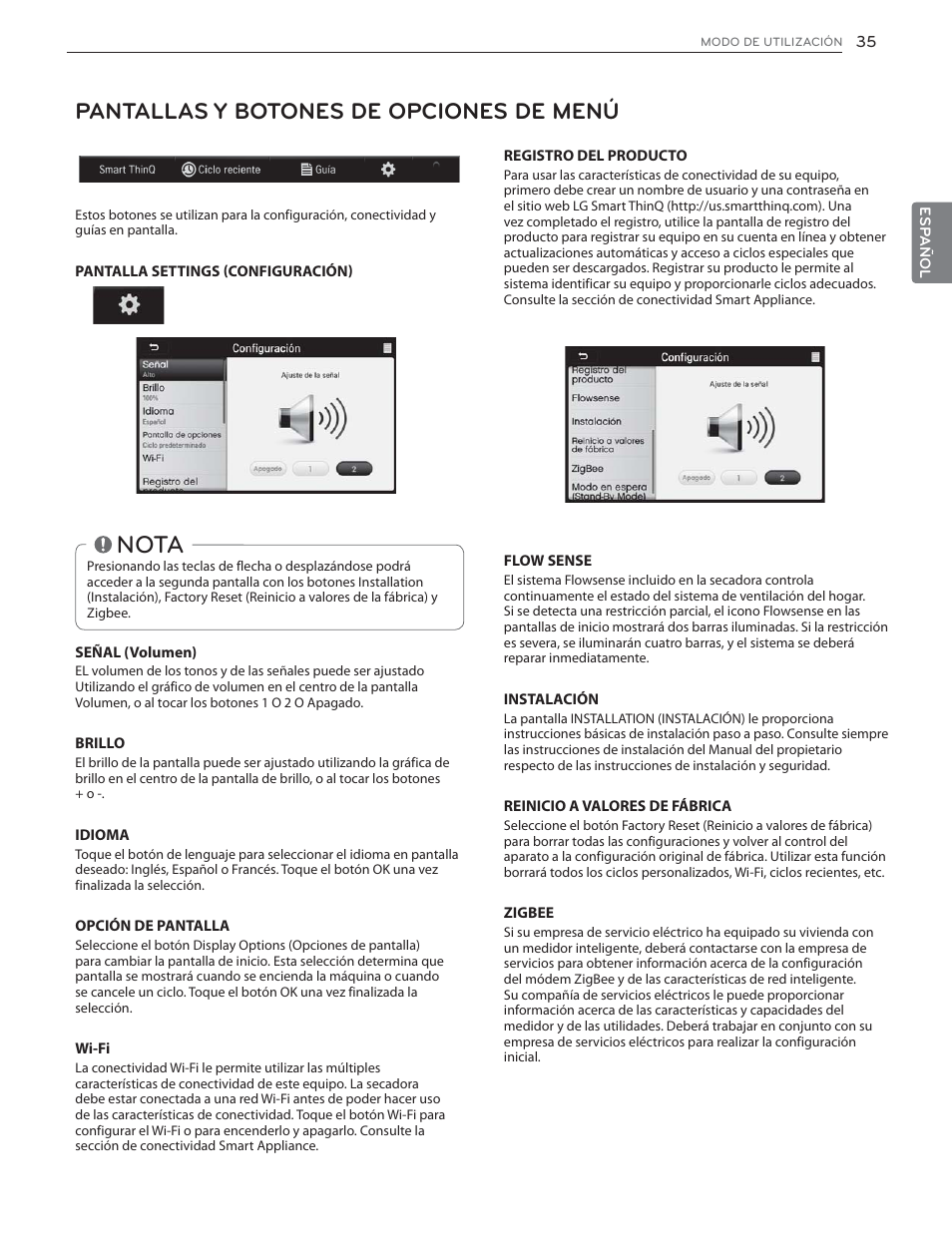 Nota, Pantallas y botones de opciones de menú | LG DLGX6002V User Manual | Page 85 / 108