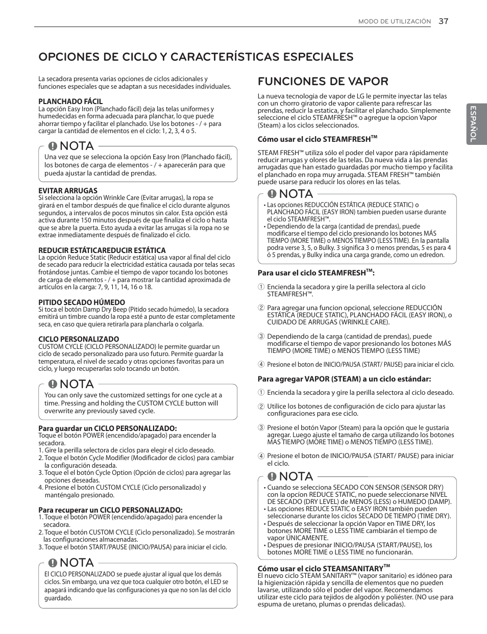 Nota | LG DLGX6002V User Manual | Page 87 / 108