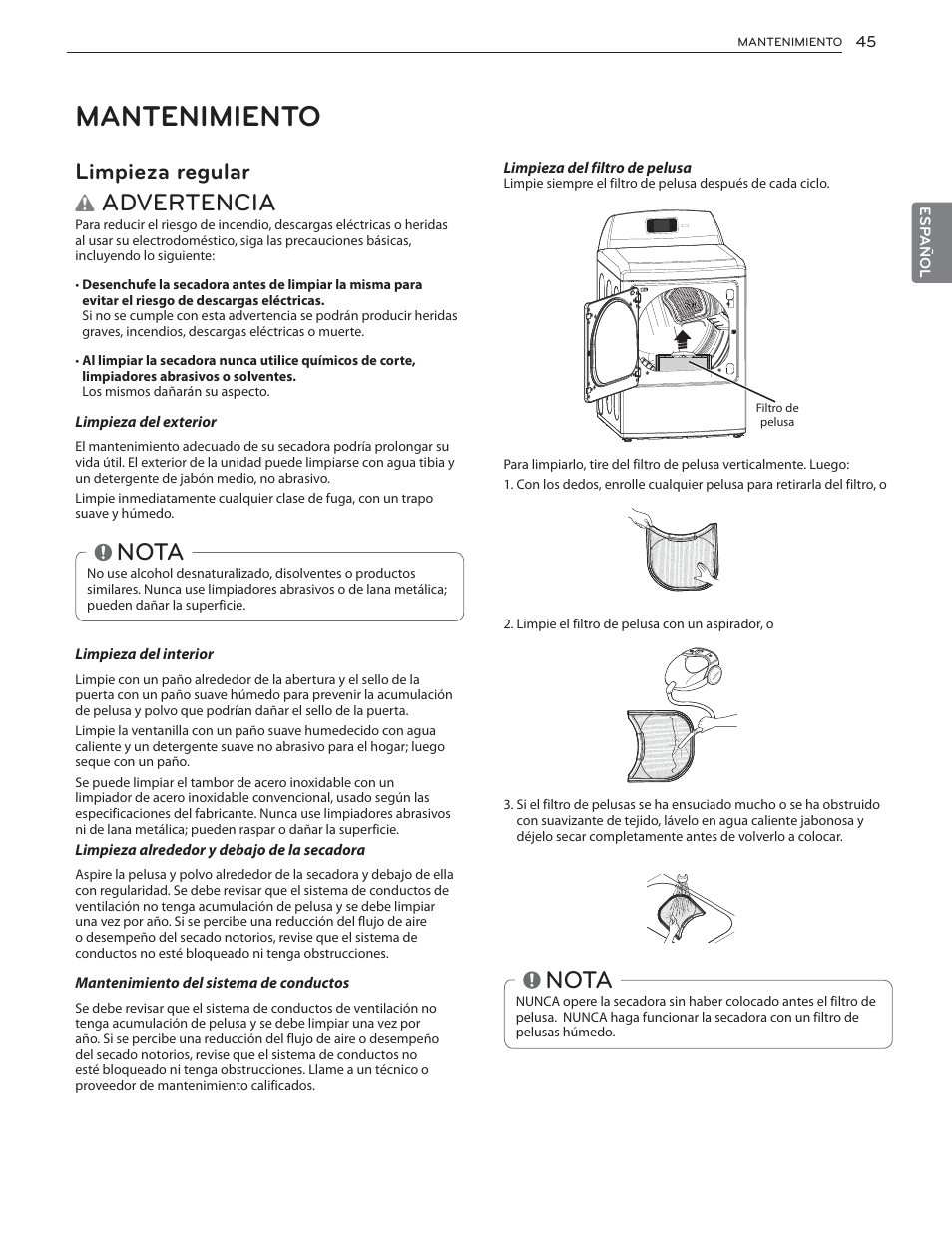 Mantenimiento, Advertencia, Nota | Limpieza regular | LG DLGX6002V User Manual | Page 95 / 108