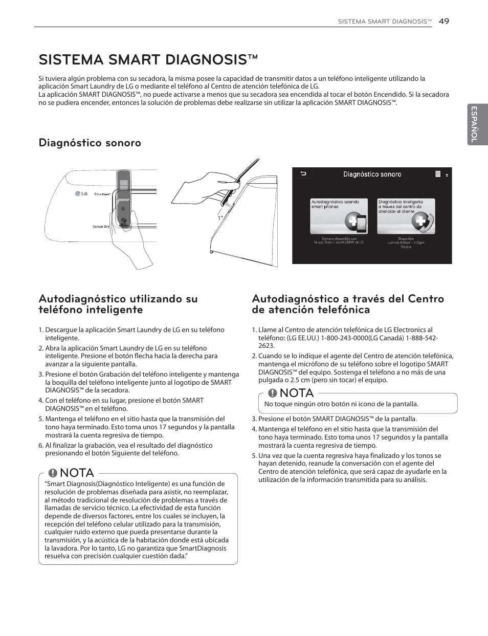 Sistema smart diagnosis, Nota, Autodiagnóstico utilizando su teléfono inteligente | Diagnóstico sonoro | LG DLGX6002V User Manual | Page 99 / 108