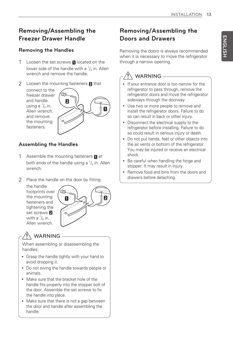 Removing/assembling the doors and drawers, Removing/assembling the freezer drawer handle, Warning | Removing the handles 1, Assembling the handles 1 | LG LFX32945ST User Manual | Page 13 / 63