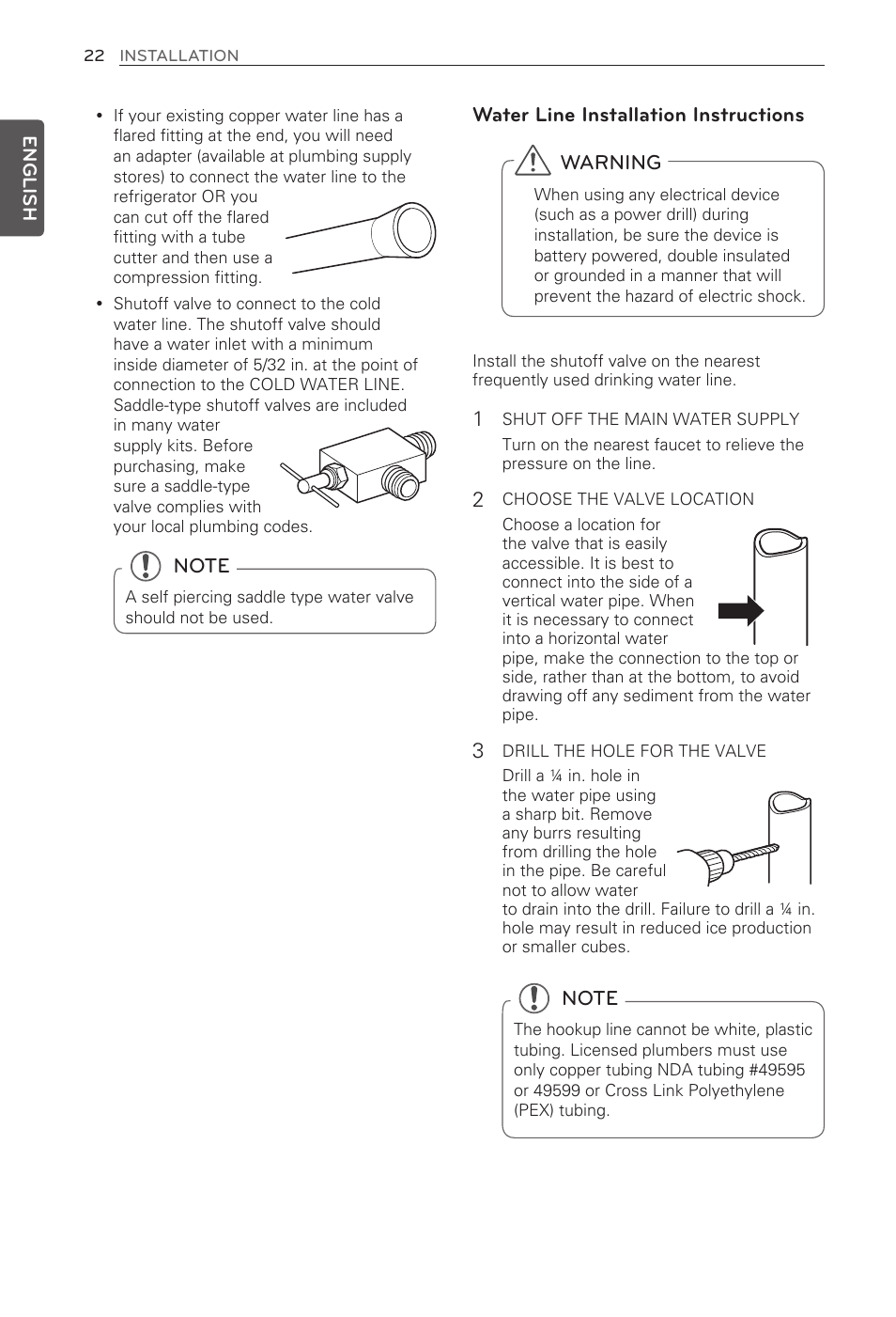 Water line installation instructions, Warning | LG LFX32945ST User Manual | Page 22 / 63