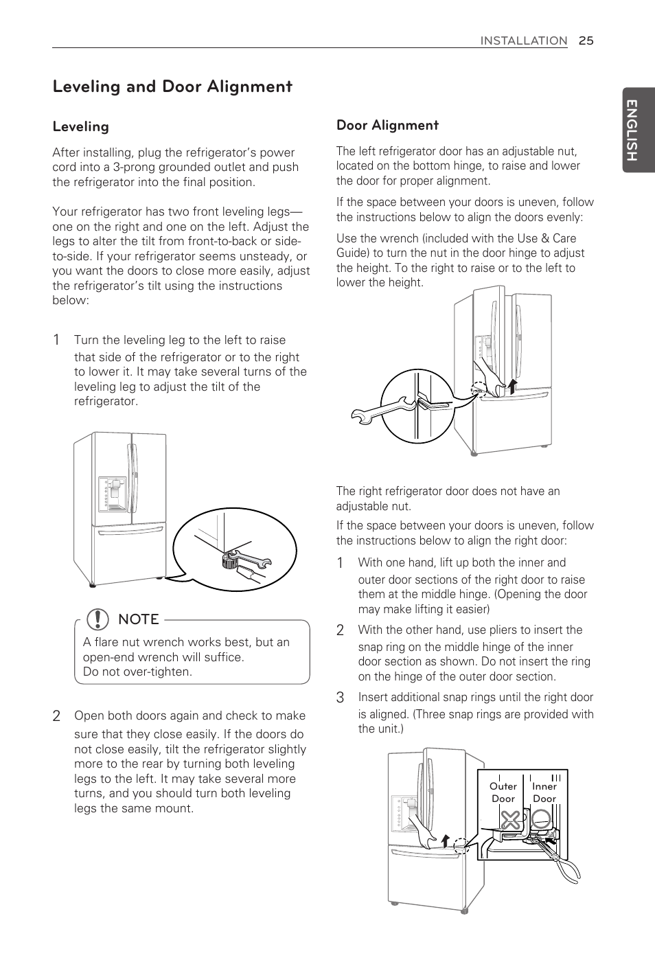 Leveling and door alignment | LG LFX32945ST User Manual | Page 25 / 63