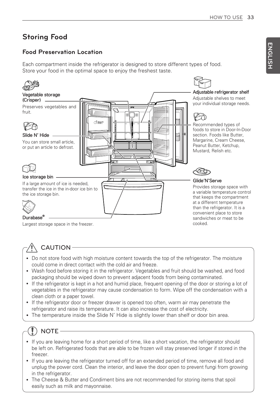 Storing food, Food preservation location, Caution | English | LG LFX32945ST User Manual | Page 33 / 63