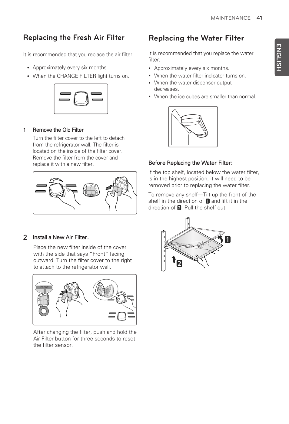 Replacing the fresh air filter, Replacing the water filter | LG LFX32945ST User Manual | Page 41 / 63