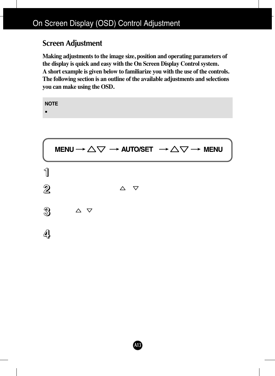 On screen display (osd) control adjustment, Screen adjustment | LG L1953H-BF User Manual | Page 14 / 30