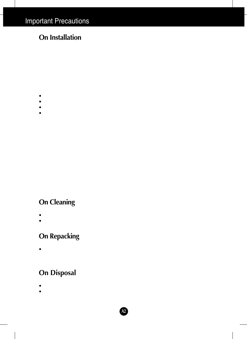 On installation, On cleaning, On repacking | On disposal, Important precautions on installation | LG L1953H-BF User Manual | Page 3 / 30