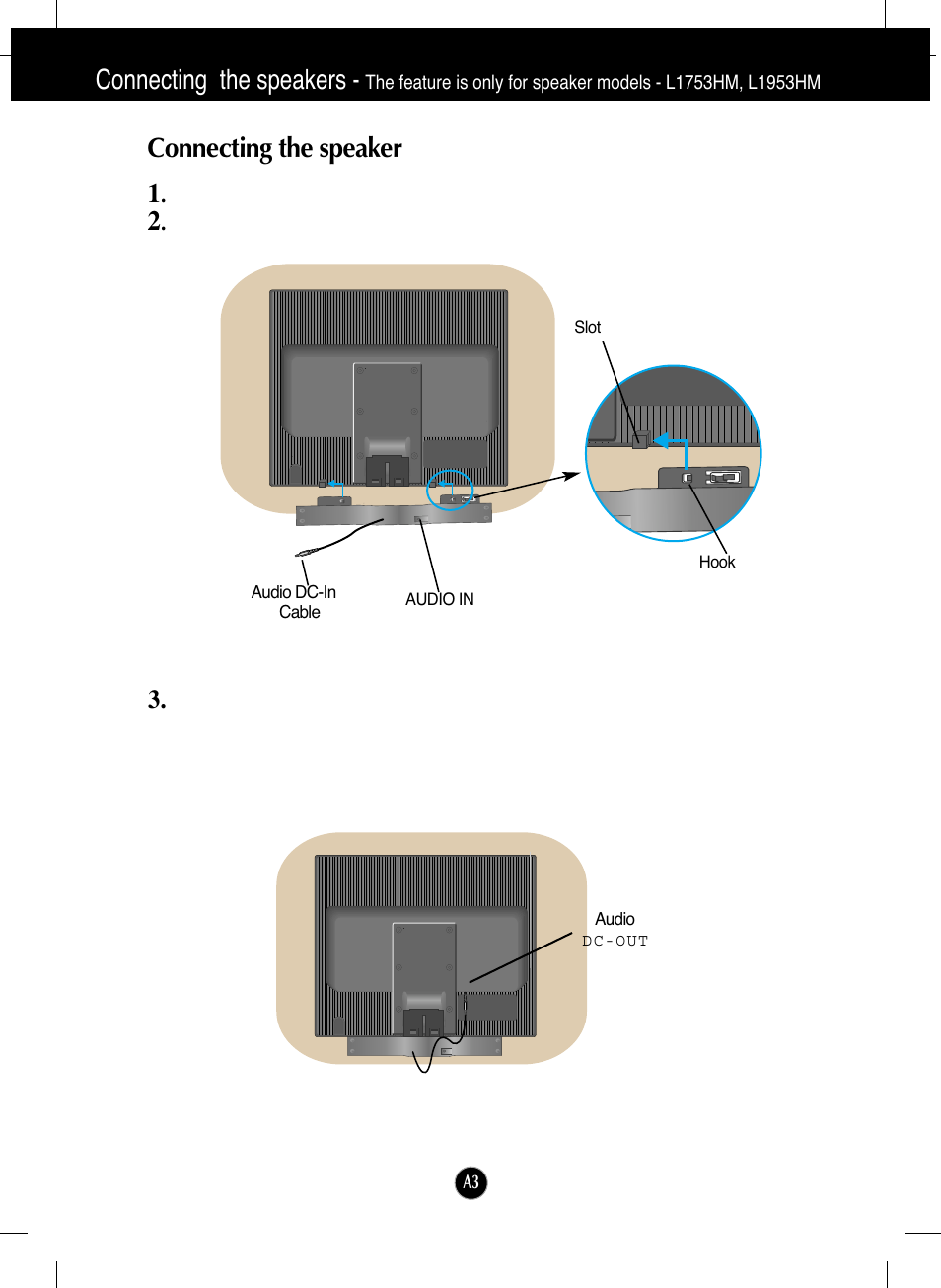Connecting the speaker, Connecting the speakers, Connecting the speaker 1 | LG L1953H-BF User Manual | Page 4 / 30