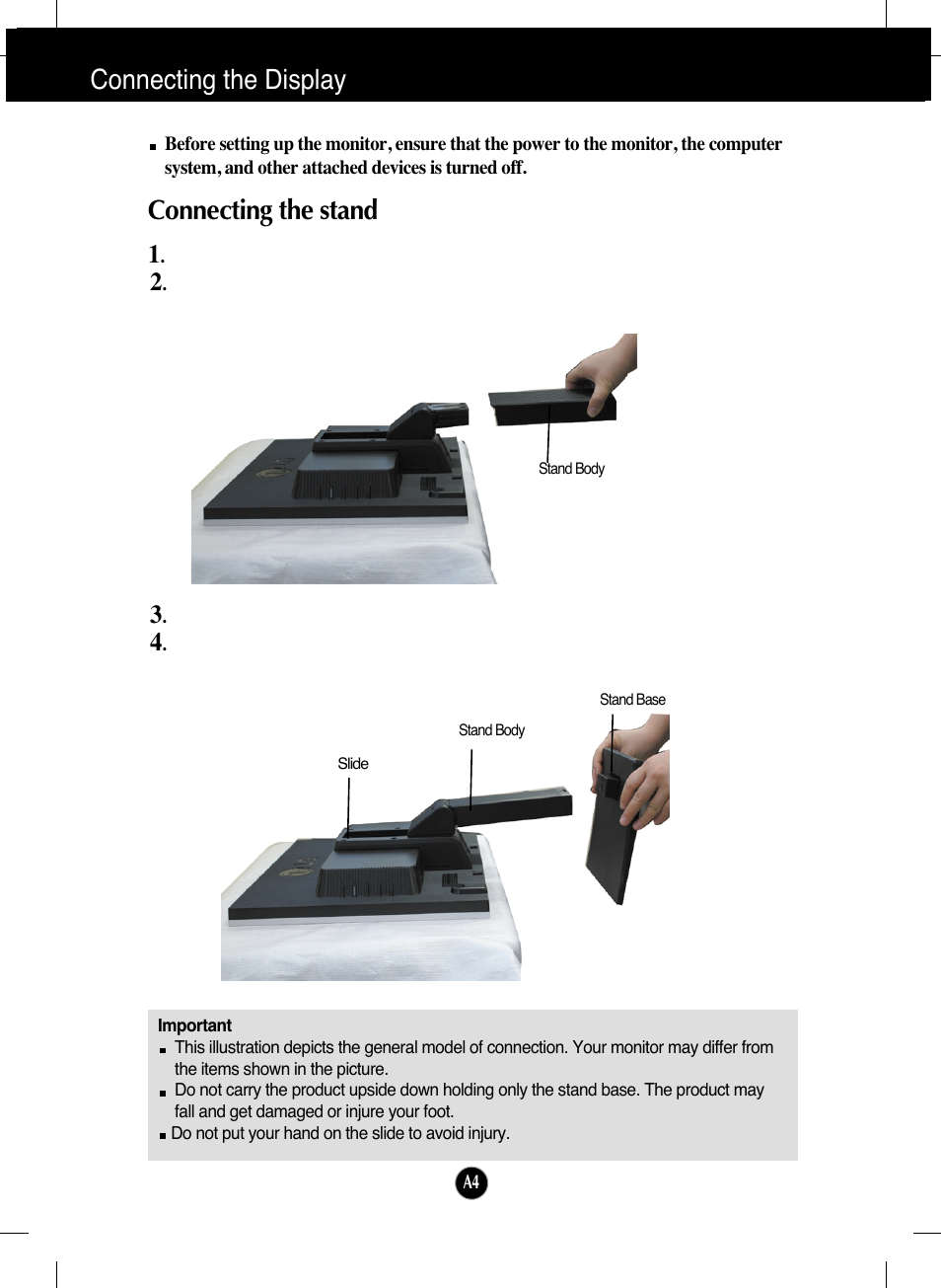 Connecting the display, Connecting the stand | LG L1953H-BF User Manual | Page 5 / 30